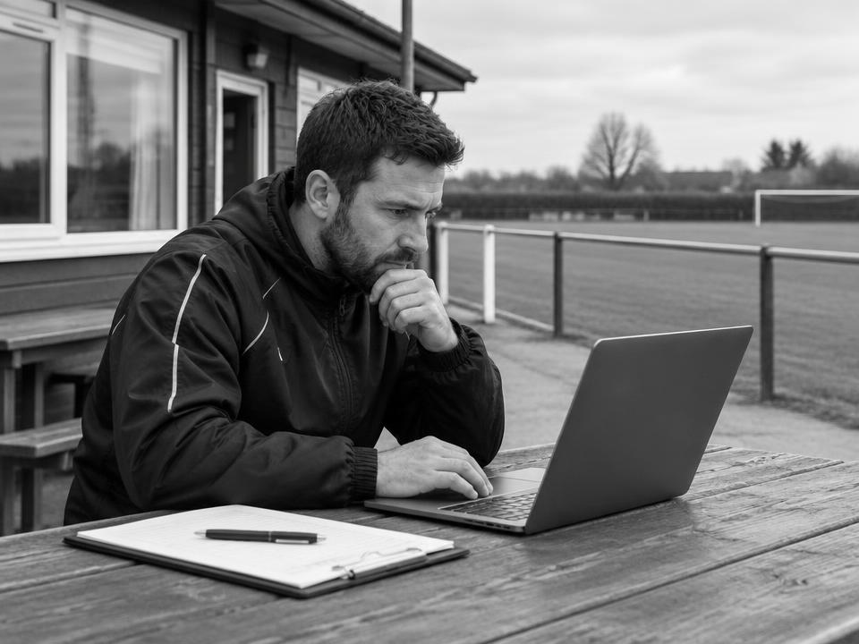 A coach in a training jacket taking an online safeguarding course on a laptop