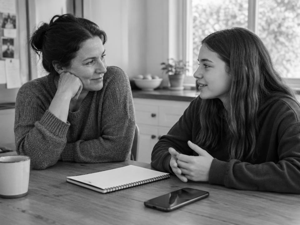 A parent and a young person in conversation at a kitchen table with a notebook and phone